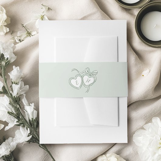 Sage Hand Drawn Hearts Monogram Whimsical Wedding Einladungsbanderole