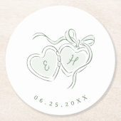 Sage Hand Drawn Hearts Monogram Whimsical Wedding Runder Pappuntersetzer (Vorderseite)