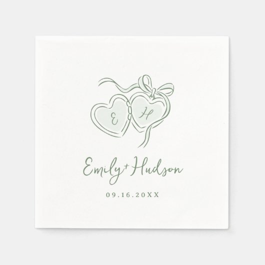 Sage Hand Drawn Hearts Monogram Whimsical Wedding Serviette (Vorderseite)