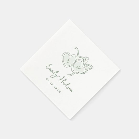 Sage Hand Drawn Hearts Monogram Whimsical Wedding Serviette (Ecke)