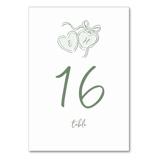 Sage Hand Drawn Hearts Monogram Whimsical Wedding Tischnummer (Rückseite)