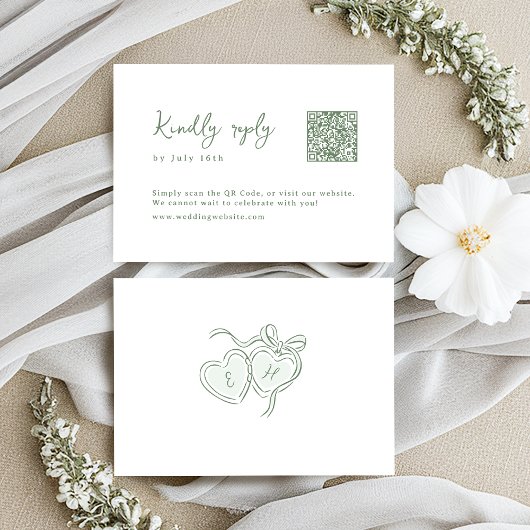 Sage Hand Drawn Monogram Whimsical Wedding QR code RSVP Karte