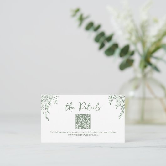 Sage Hand Drawn Whimsical Wedding QR code Details Platzkarte (Stehend Vorderseite)
