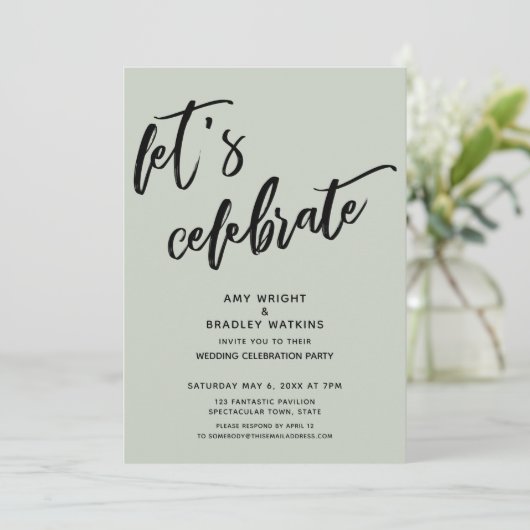 Sage Handwriting Let's Celebrate Wedding Reception Einladung (Stehend Vorderseite)
