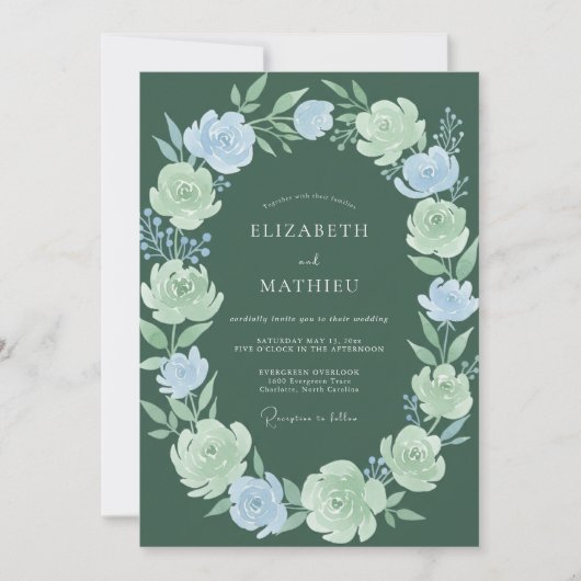 Sage Hellblauer Floraler Romantischer Hochzeit Einladung (Vorderseite)