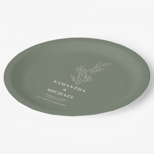 Sage Ivory Ivy Blume Moderne klassische Hochzeit Pappteller (Schrägansicht)