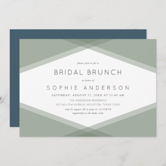 Sage Layered Geometric & Blue Slate Bridal Brunch Einladung (Vorne/Hinten)
