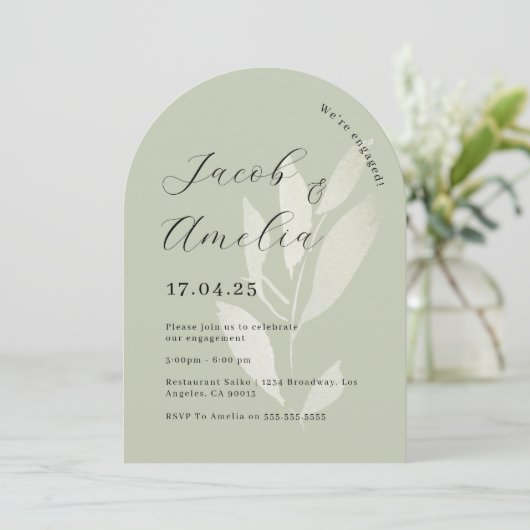 Sage Leaf Modern Arch Engagement Party Einladung (Stehend Vorderseite)