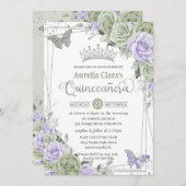 Sage Lila Blumenschmetterlinge Silver Quinceanera Einladung (Vorne/Hinten)