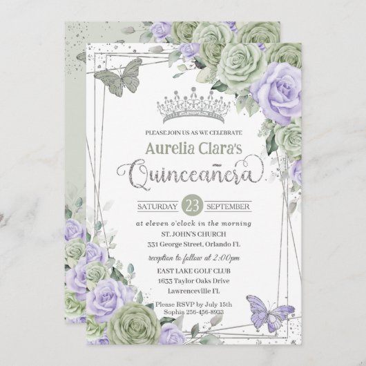 Sage Lila Blumenschmetterlinge Silver Quinceanera Einladung (Vorne/Hinten)