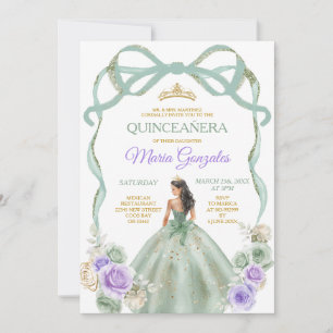 Sage Lila Bow Princess Gold Crown Quinceañera Einladung