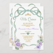 Sage Lila Floral Bow Ribbon Gold Girl Mis Quince Einladung (Vorne/Hinten)