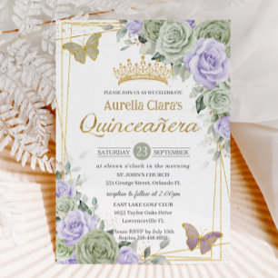 Sage Lila Floral Butterfliegen Gold Quinceanera Einladung