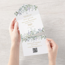 Sage Lilac Floral Gold Monogram QR Code Wedding