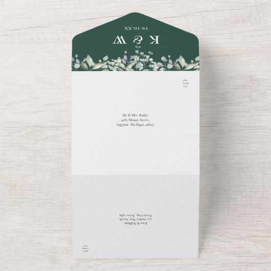 Sage Lilac Foliage Emerald Monogram Wedding All In One Einladung (Außenbereich)