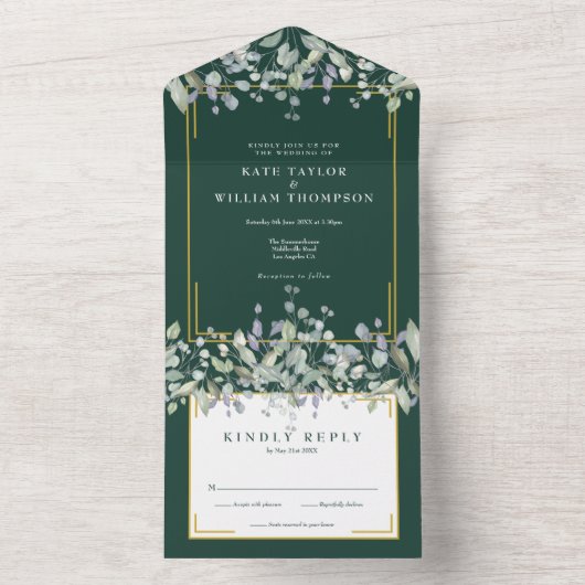 Sage Lilac Foliage Emerald Monogram Wedding All In One Einladung (Innen Boden)