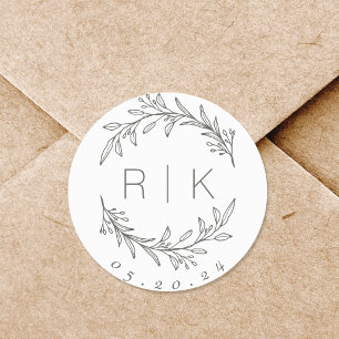 Sage Line Art Botanisches Wraath Wedding Monogram Runder Aufkleber