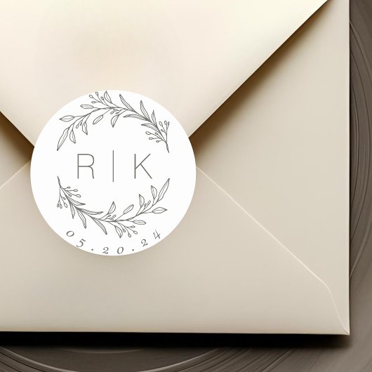 Sage Line Art Botanisches Wraath Wedding Monogram Runder Aufkleber