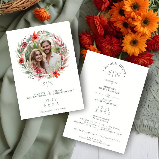 Sage Luxury Initials Floral Red Shades Round Photo Einladung