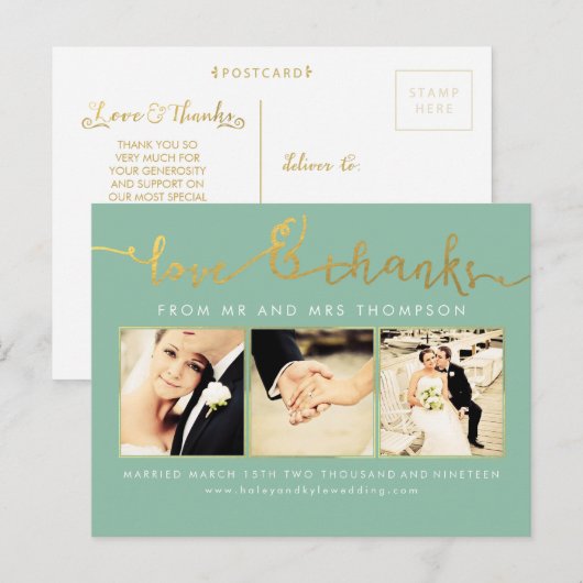 Sage Mint Gold Wedding Liebe & Danke Script Foto Postkarte (Vorne/Hinten)