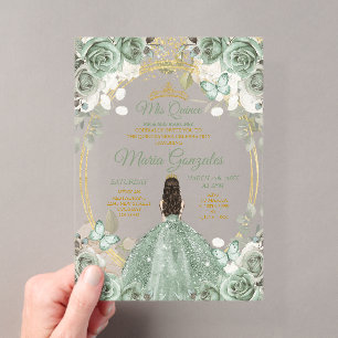Sage Mis Quince Staubgrün Florale Quinceañera Acryleinladungen