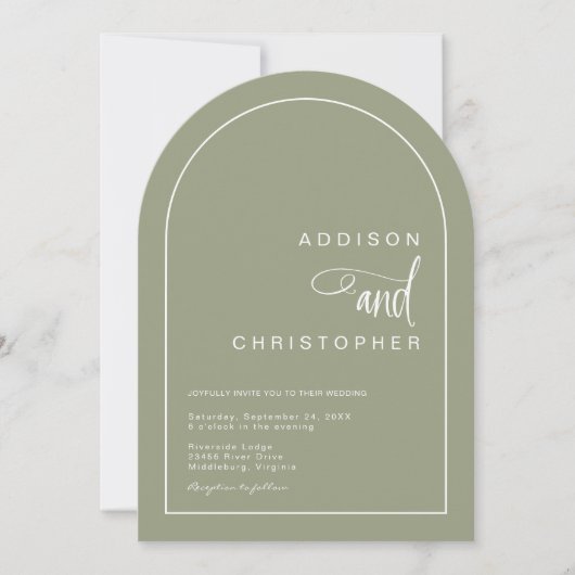 Sage Modern Arch Minimalistische Script Hochzeit Einladung (Vorderseite)