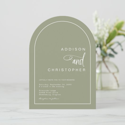 Sage Modern Arch Minimalistische Script Hochzeit Einladung (Stehend Vorderseite)