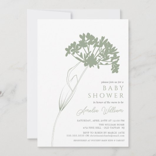Sage Modern Floral Baby Dusche Einladung (Vorderseite)