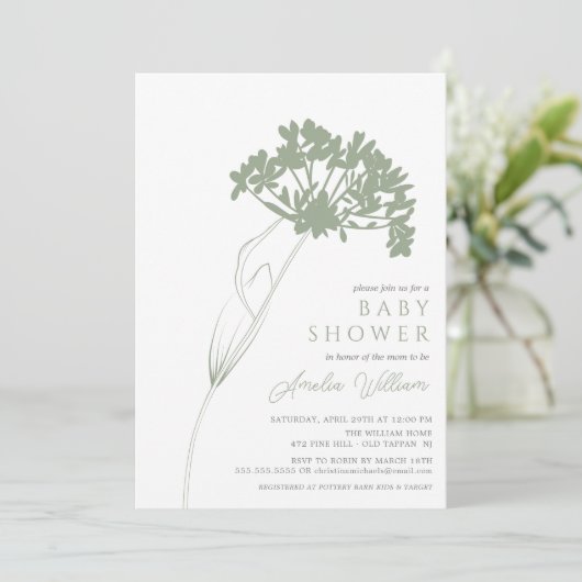 Sage Modern Floral Baby Dusche Einladung (Stehend Vorderseite)