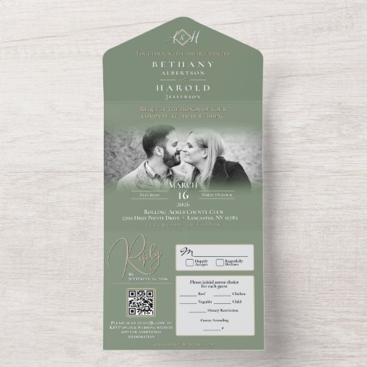 Sage Monogram All in one Wedite Einladung (Innen)