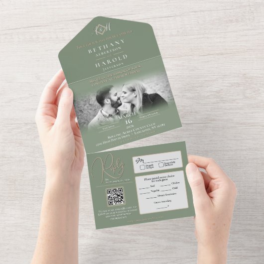 Sage Monogram All in one Wedite Einladung (Abreißtisch)