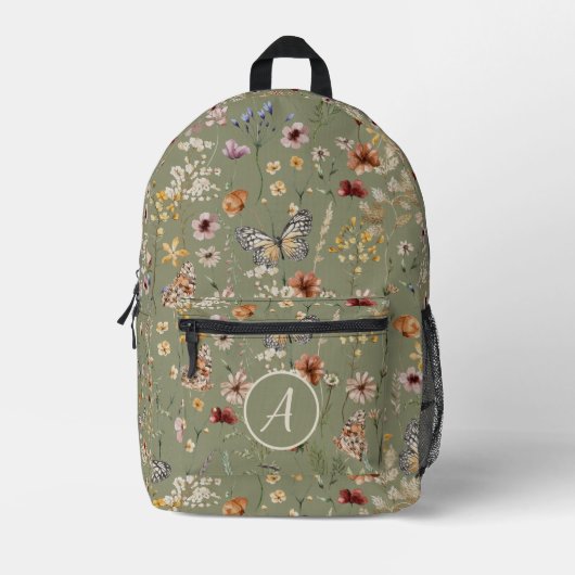 Sage Monogram Boho Butterfets Wildblumen Bedruckter Rucksack (Vorderseite)
