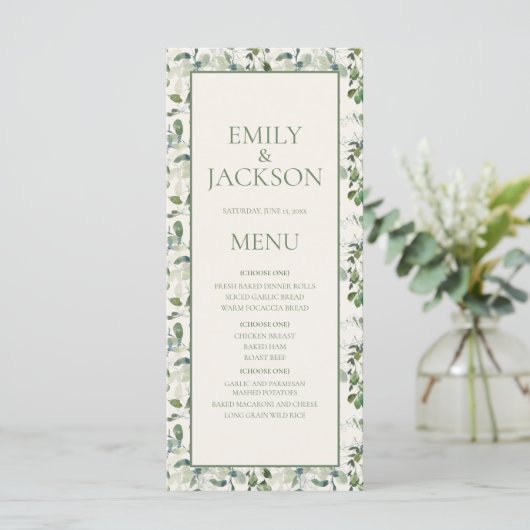 Sage Moss Green Blätter Cream Wedding Menu Menükarte (Stehend Vorderseite)