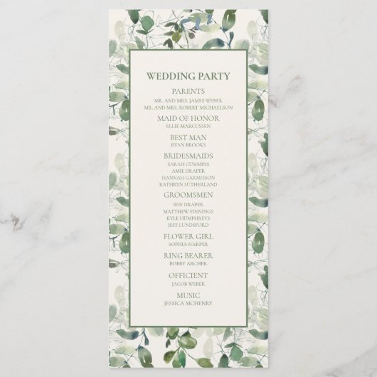 Sage Moss Green Blätter Cream Wedding Program Programm (Rückseite)