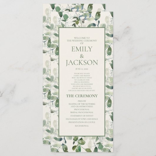 Sage Moss Green Blätter Cream Wedding Program Programm (Vorne/Hinten)