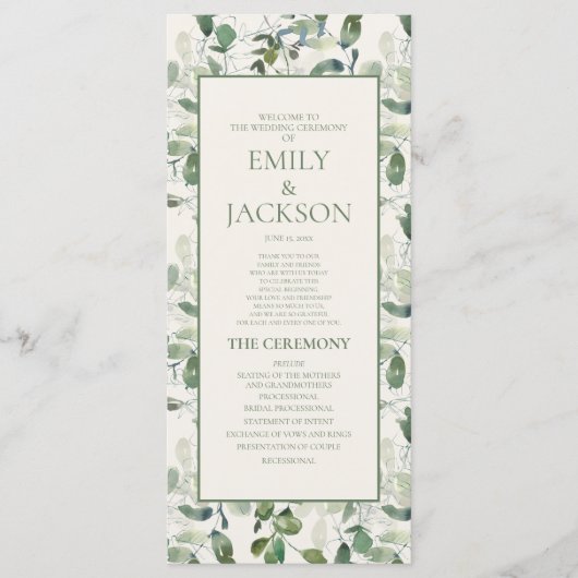 Sage Moss Green Blätter Cream Wedding Program Programm (Vorderseite)