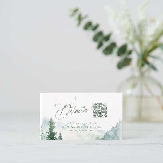 Sage Mountain Forest Rustic QR code Details Platzkarte (Stehend Vorderseite)
