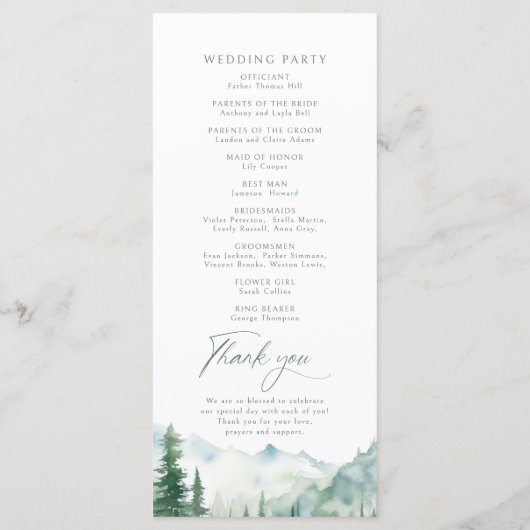 Sage Mountain Forest Rustic Wedding Programs Menükarte (Rückseite)