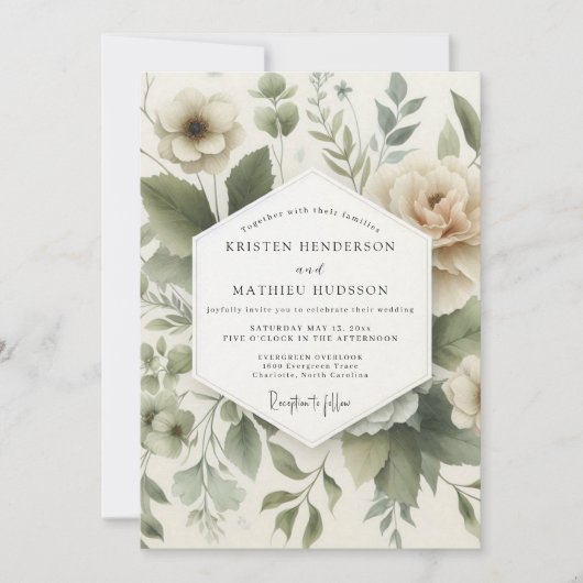 Sage Muted Flora Wedding Einladung (Vorderseite)