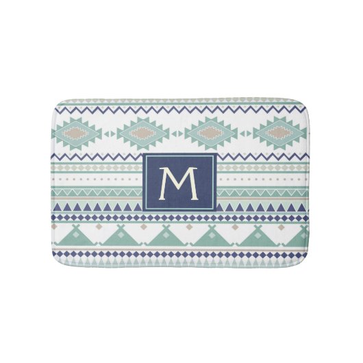 Sage & Navy Blue Monogram Native American Pattern Badematte (Vorderseite)