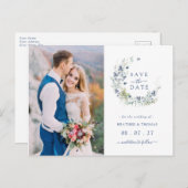 Sage Navy Botanischer Kranz Hochzeit retten die Da Ankündigungspostkarte (Vorne/Hinten)