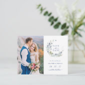 Sage Navy Botanischer Kranz Hochzeit retten die Da Ankündigungspostkarte (Stehend Vorderseite)