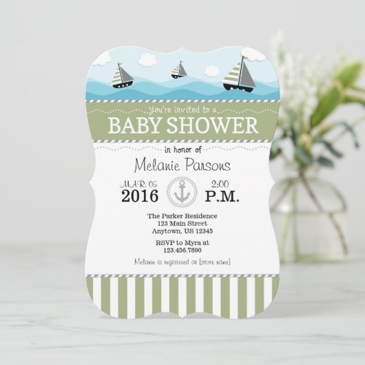 Sage Olive Blue Nautical Baby Dusche Einladung (Stehend Vorderseite)