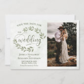 Sage & Olive Green Blätter & Foto Rustikale Hochze Save The Date (Vorderseite)