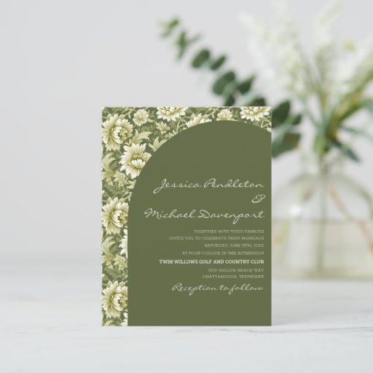 Sage Olive Green Botanical Arch Script Wedding Einladung (Stehend Vorderseite)