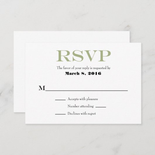 Sage Olive White Schlicht Simple Wedding RSVP Card (Vorne/Hinten)