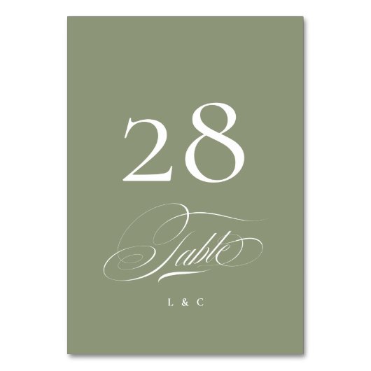 Sage on White Elegant Calligraphy Wedding Tischnummer (Rückseite)