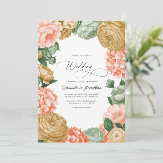Sage, Peach & Antique Gold Floral Wedding Einladung (Stehend Vorderseite)