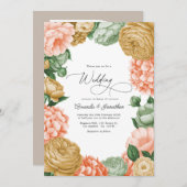 Sage, Peach & Antique Gold Floral Wedding Einladung (Vorne/Hinten)