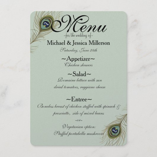 Sage Peacock Feather Wedding Menu Menükarte (Vorderseite)
